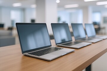 Modern workspace with row of open laptops on wooden table in contemporary office.