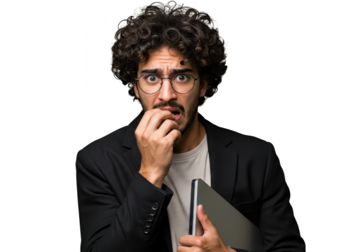 A man with curly hair and glasses nervously bites his nails while holding a laptop, isolated on transparent background - Powered by Adobe