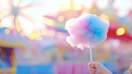 Sweet cotton candy held in hand at a fairground.