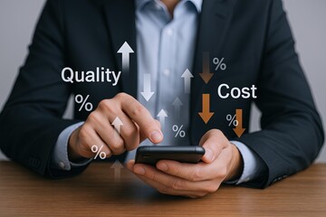 Businessman Using Smartphone with Digital Graphs and Percentage Symbols Overlay.
