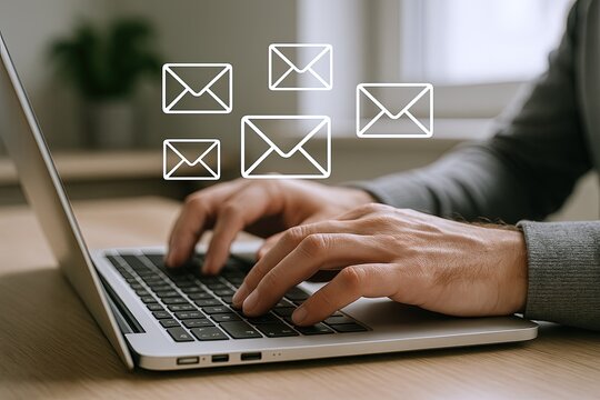 Businessperson Sending Multiple Email Messages Using Laptop at Workspace.