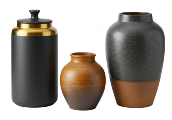 A collection of three decorative ceramic vases and jars with unique textures and colors isolated on transparent background
