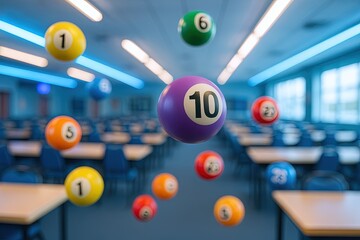 Vibrant dynamic lotto balls floating in a brightly lit game room with seating.