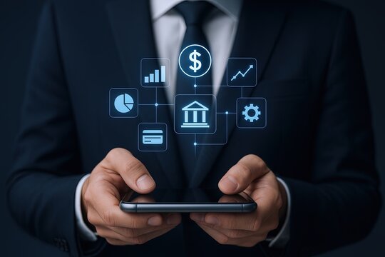 Businessman in suit holding smartphone with digital financial icons and data overlay.
