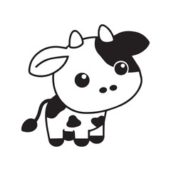 Cute spotted cartoon cow, kawaii farm animal character. Vector illustration logo for dairy and agriculture.