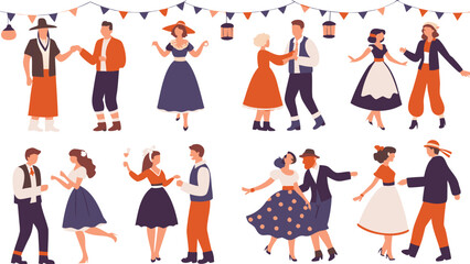 Illustration of several couples dancing in vintage attire under festive hanging party decorations and lanterns