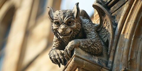 Gargoyle with wings and textured body crouches on stone ledge of Gothic building with blurred background. Generative by AI.