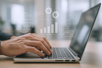 Hand typing on laptop computer with digital data and analytics icons overlay.