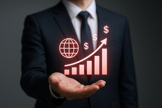 Businessman in Suit Holding Digital Growth Chart with Rising Arrow and Financial Icons.