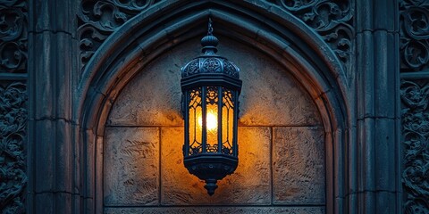 Vintage lantern with warm glowing light mounted on carved stone wall featuring gothic details and iron bracket. Generative by AI.