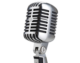 Fototapeta premium Classic retro chrome vintage microphone with grill and stand, isolated on transparent background PNG