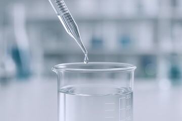Close-up of a pipette adding liquid to a glass beaker in laboratory setting.