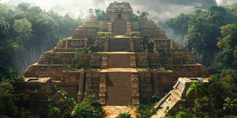 Ancient stepped pyramid with broad stone stairway flanked by ruins, vegetation, and cloudy sky above, surrounded by jungle. Generative by AI.