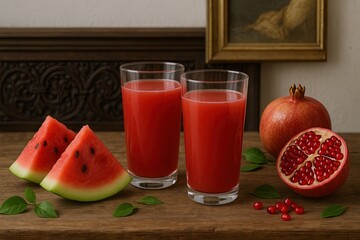 Fresh Watermelon and Pomegranate Juice with Fruit Slices on Wooden Table.
