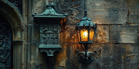 Vintage lantern with warm glowing light mounted on carved stone wall featuring gothic details and iron bracket. Generative by AI.