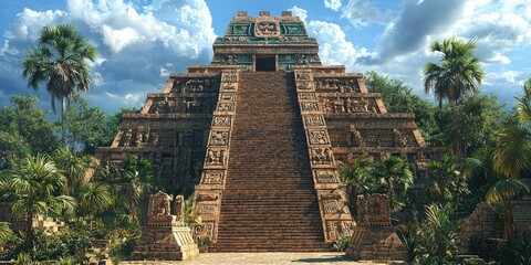 Ancient stepped pyramid with broad stone stairway flanked by ruins, vegetation, and cloudy sky above, surrounded by jungle. Generative by AI.