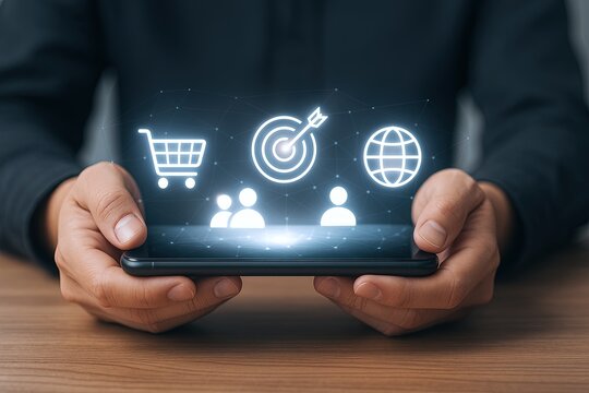 Businessman Holding Smartphone with Digital E-commerce Marketing Icons and Social Network Graphs.