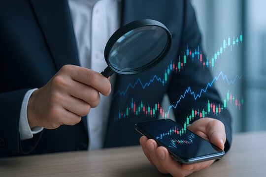 Business professional analyzing financial charts with magnifying glass and smartphone.