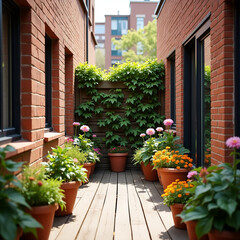 Obraz premium Cozy Patio Garden with Potted Plants and Brick Walls