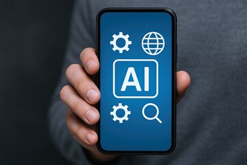 Smartphone displaying artificial intelligence icons with gear globe and magnifier symbols.