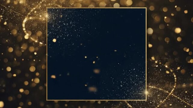 A dark blue square frame is set against a blurred gold bokeh background with sparkling light effects
