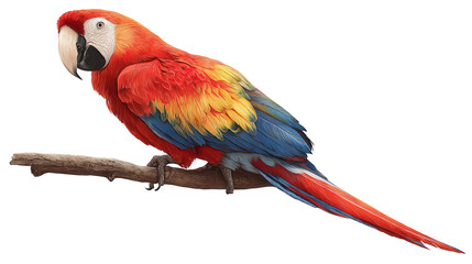 Fototapeta premium Scarlet macaw perched on a branch against a black background with vibrant plumage detail