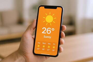 Hand holding smartphone with weather app displaying sunny 26 degrees Celsius and weekly forecast.