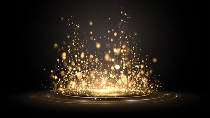 Abstract golden sparkling light circles with glitter bokeh and flame effect on dark background. Luxury festive design for holiday, award, carnival, or celebration concepts