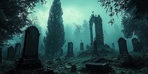 Misty graveyard filled with aged tombstones and tall cypress trees, with a small mausoleum and dramatic sunset sky behind. Generative by AI.