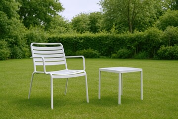 Obraz premium Modern white outdoor chair and small table on lush green lawn with trees in background.
