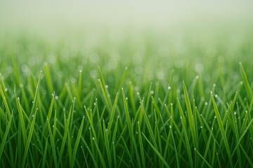 Fototapeta premium Lush green grass with dewdrops on blades under soft natural light in a field.