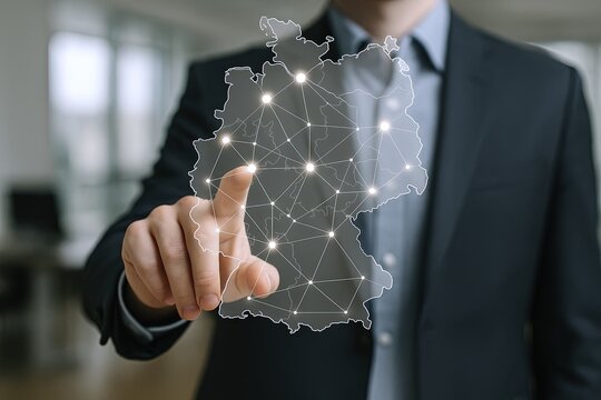 Businessman in formal suit pointing at digital map of Germany with network connection concept.