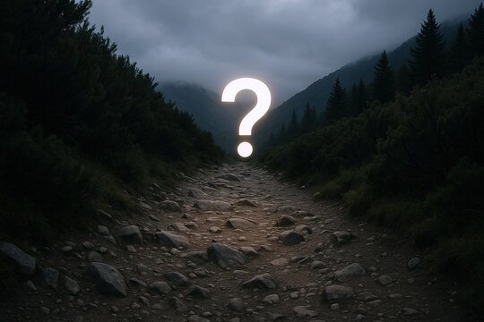 Mysterious rugged mountain trail in dense forest with overcast sky and large question mark.