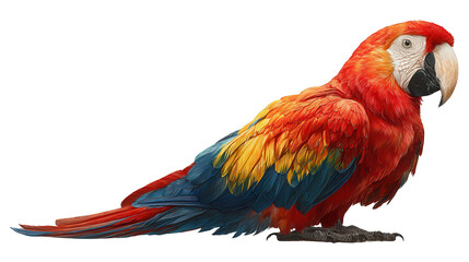 Fototapeta premium A vibrant scarlet macaw perched against a stark black backdrop showcasing its plumage