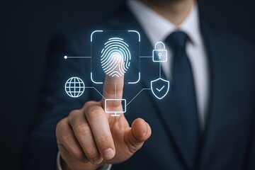 Businessman touching fingerprint scanner with digital security icons on futuristic interface.