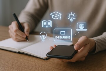 Person Taking Notes While Using Smartphone With Digital Learning Icons Overlay.