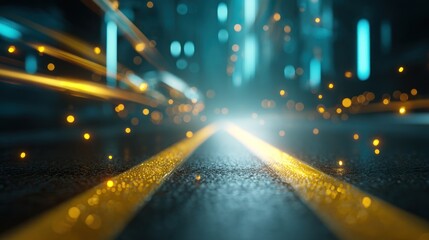 Futuristic city street with vibrant glowing lines.