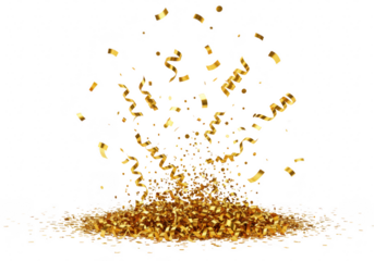 A burst of golden confetti and streamers exploding upwards, isolated on a transparent background