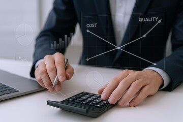 Business professional analyzing financial growth chart with graph on transparent screen.