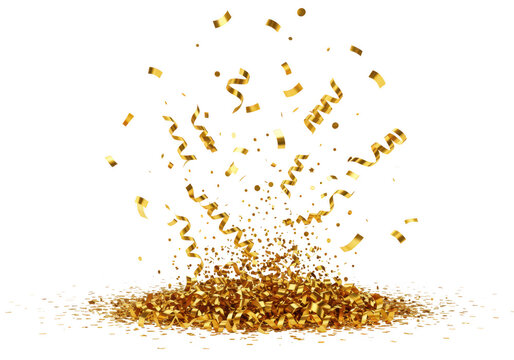 A burst of golden confetti and streamers exploding upwards, isolated on a transparent background