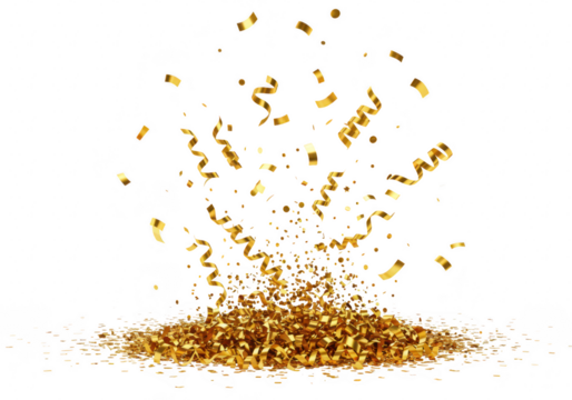 A burst of golden confetti and streamers exploding upwards, isolated on a transparent background