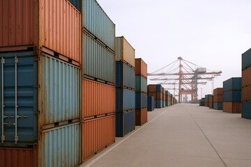 Fototapeta premium A large cargo container yard with stacked shipping containers and distant cranes.
