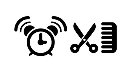Appointment Time: Alarm Clock, Scissors, Comb, Hair Salon Icon