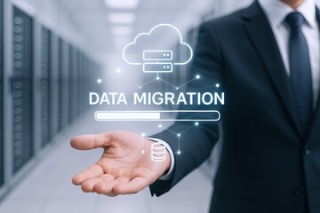 Businessman in data center holding digital data migration icon with cloud technology.