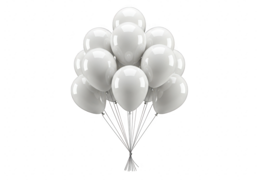 A bunch of white balloons tied together with strings, isolated on a transparent background