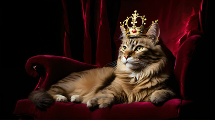 a regal feline lounges on an ornate armchair, bathed in dramatic light