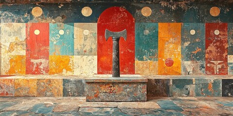 Ancient stone axe with red and black painted carvings placed horizontally on cracked stone wall with faded hieroglyphic carvings. Generative by AI.