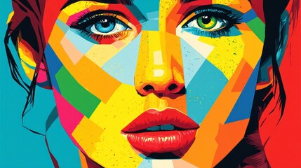Close-up vibrant woman's face, geometric style
