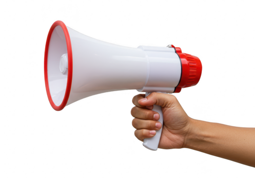 A hand holds a white and red megaphone, ready to amplify a message isolated on transparent background
