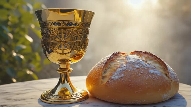 Golden chalice and bread on marble table with soft sunlight